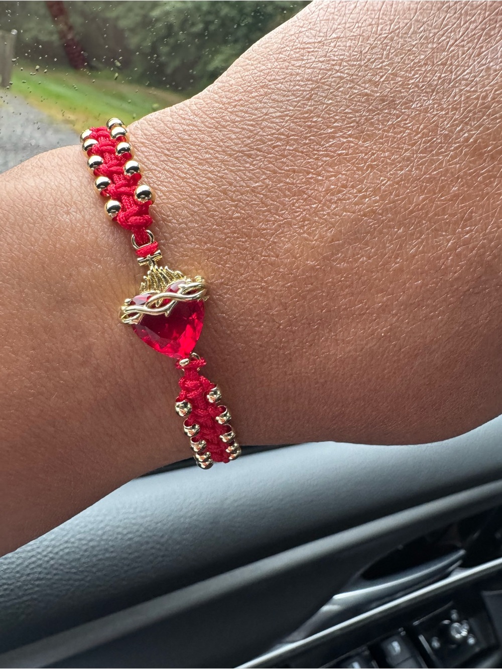 Macrame 16k Gold Plated Sacred Heart Charms Cubic Zirconia Adjustable Bracelet